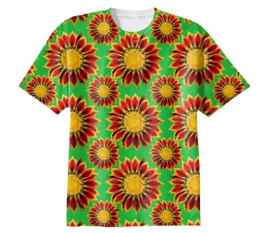 Red Yellow Flowers on Green T shirt