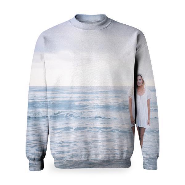 Woman In Standing Body Of Water While Wearing White Scoop Neck Top Basic Sweatshirt
