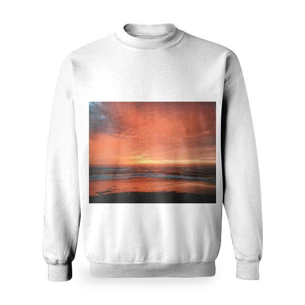 View Of Seashore With Red And Yellow Clouds During Sunset Basic Sweatshirt