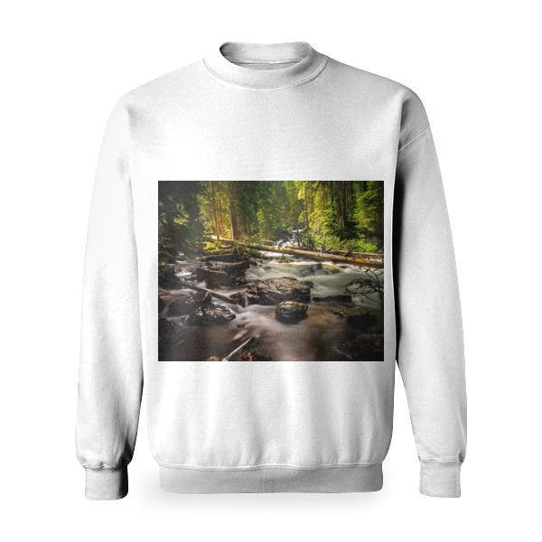 River With Woods And Rocks In The Forest During Daytime Basic Sweatshirt