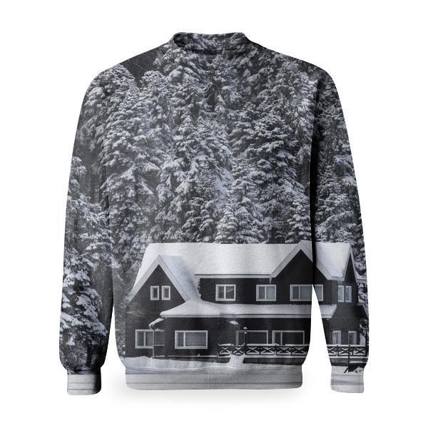 Snowy House Grayscale Photo Basic Sweatshirt