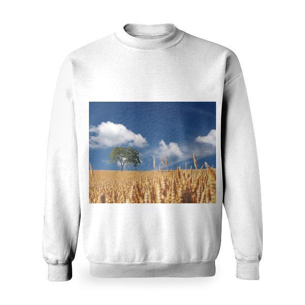 Trees On Yellow Wheat Field Under Blue Sky Basic Sweatshirt