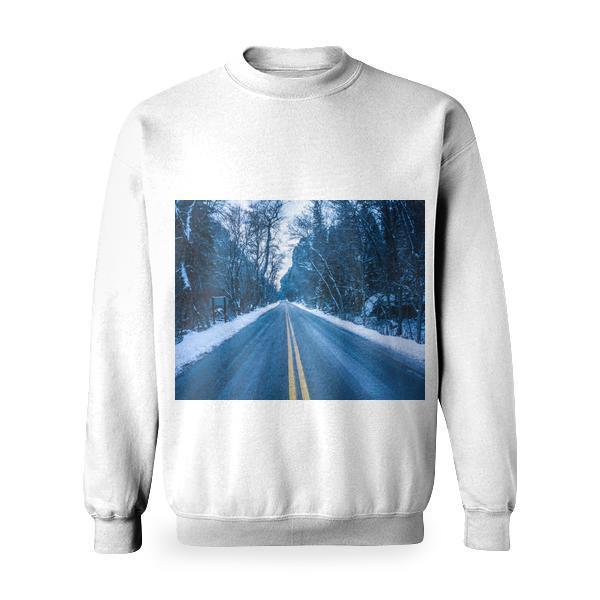 Two Way Road With Trees And Snow Basic Sweatshirt