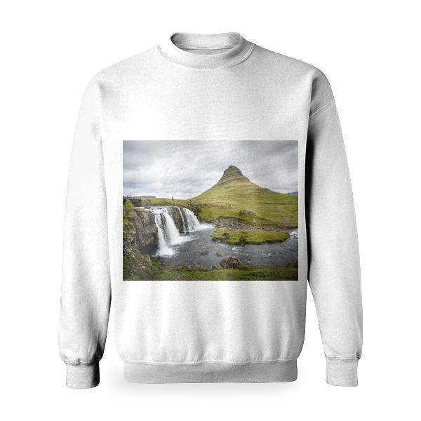 Waterfalls Near A Green Mountain Landscape Basic Sweatshirt