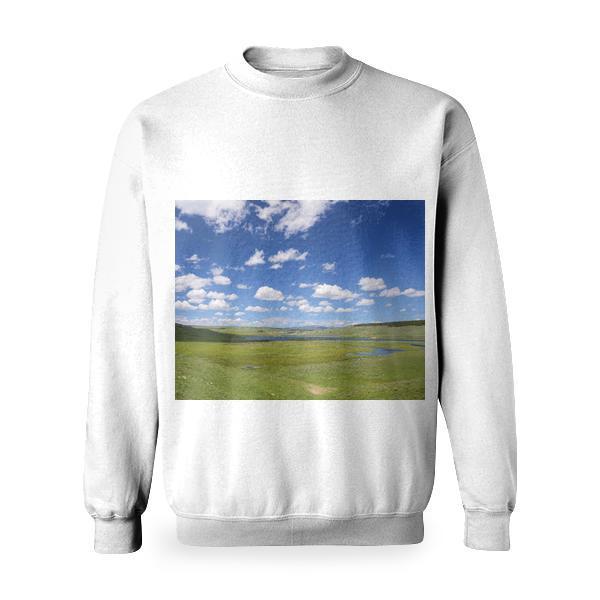 Green Fields Under Blue Cloudy Sky Basic Sweatshirt