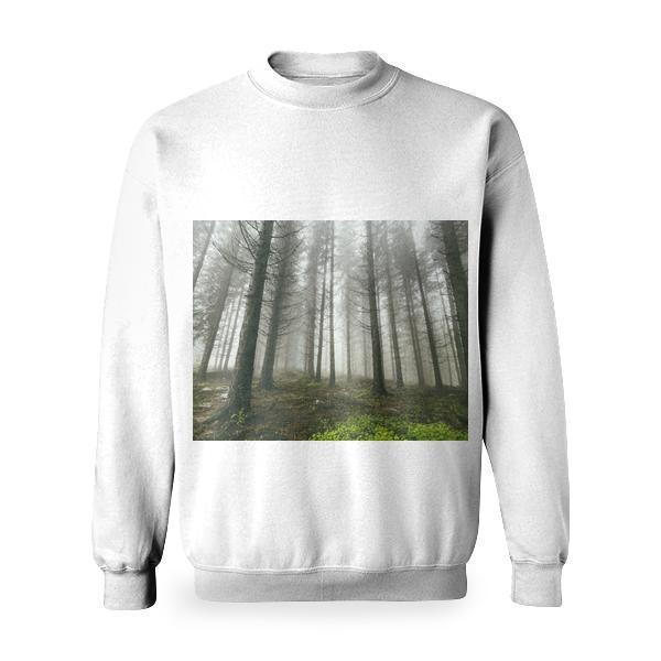 Gray Trunk Tall Tree Foggy Forest During Daytime Basic Sweatshirt