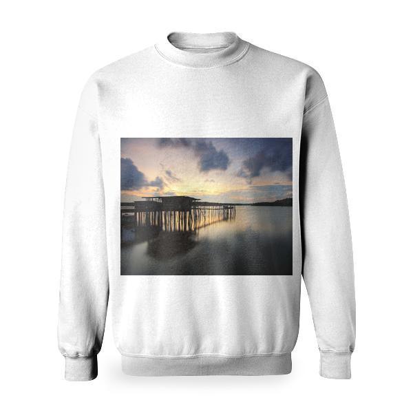 Silhouette Of Wooden House And Walkbridge On Water Basic Sweatshirt