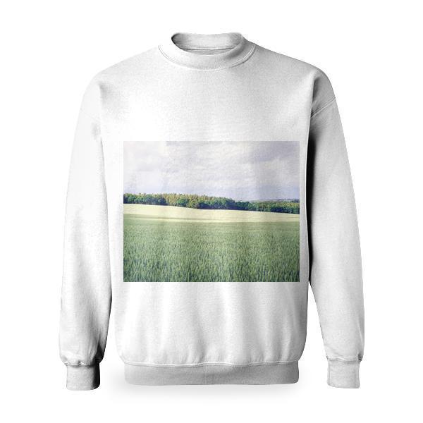 Green Grass Field With Trees In The Distance Basic Sweatshirt