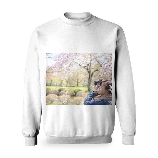 Man Taking Photo Of Cherry Blossom Flower Basic Sweatshirt