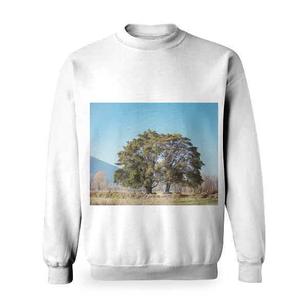 Green Leaf Trees In A Distant Of Mountain Under Clear Blue Sky Basic Sweatshirt