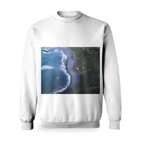 Areal Photo Of A Sea Waves Splashing On Sand Beside Mountain Basic Sweatshirt