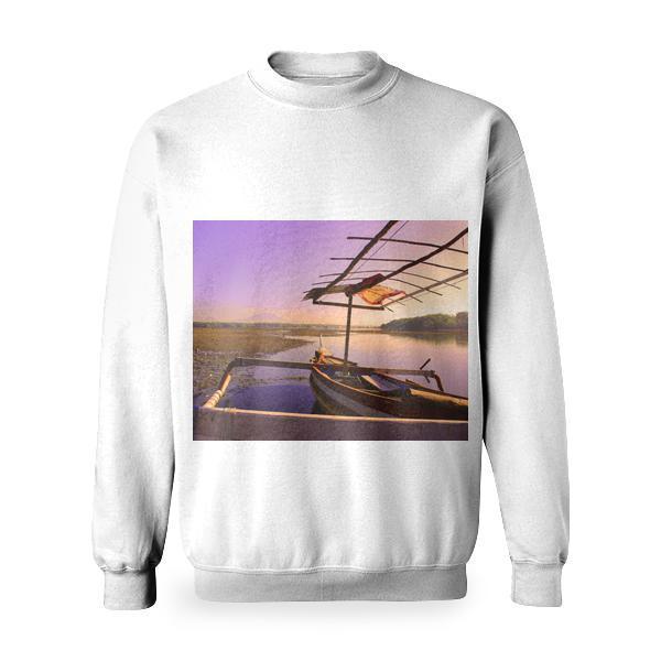 White And Brown Rowboat On Calm Body Of Water During Sunset Basic Sweatshirt