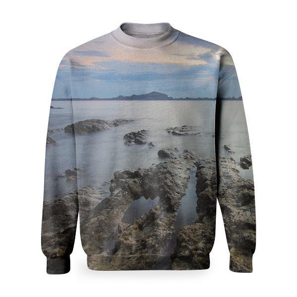 Top View Of Beach And Rocks Under Grey Cloudy Sky Basic Sweatshirt