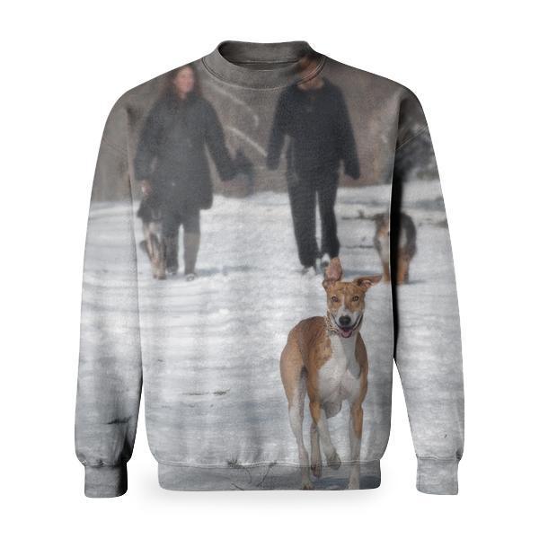 2 Person And Dog Walking In The Snow During Daytime Basic Sweatshirt
