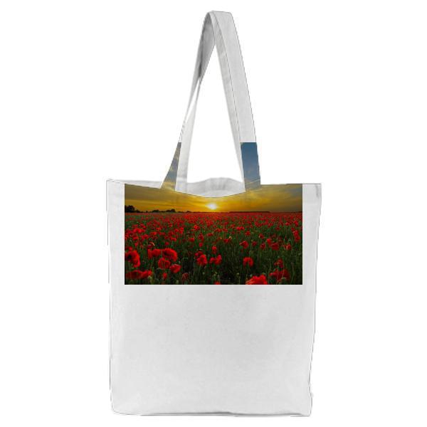 Red Cluster Petal Flower Field During Sunset Tote Bag