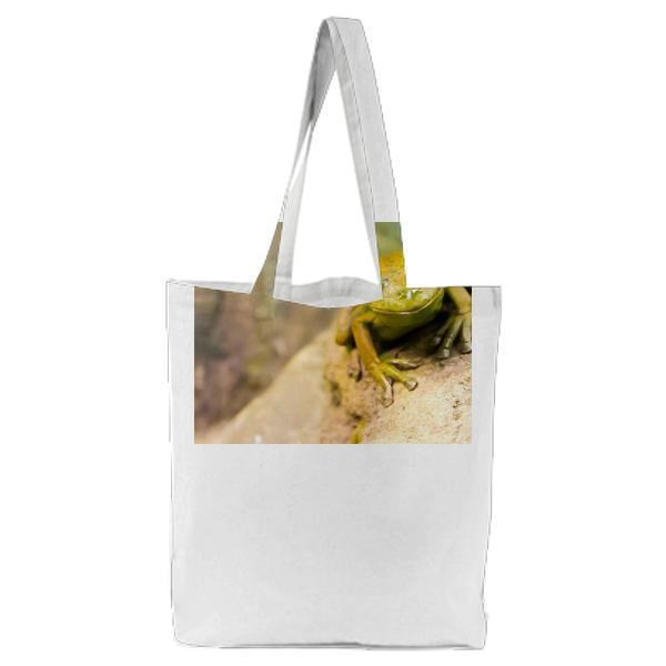 Yellow Frog On Brown Tree Trunk Tote Bag