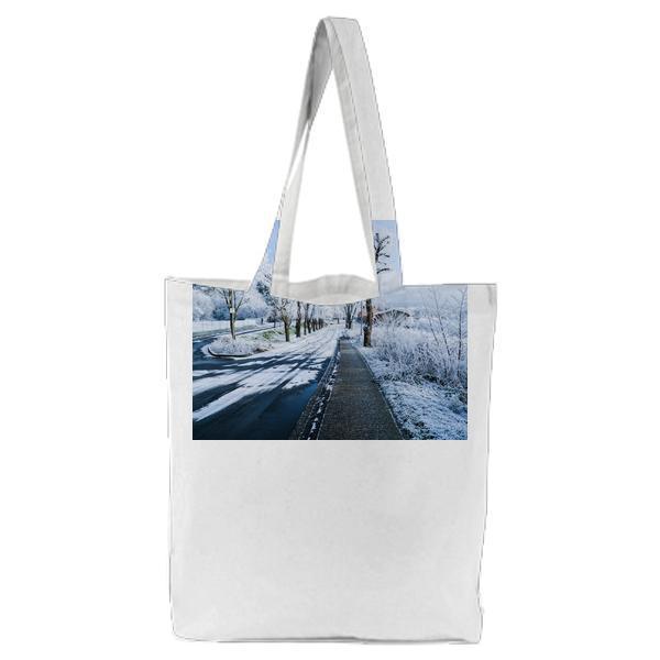 Cold Snow Wood Road Tote Bag