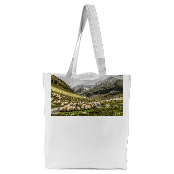 Brown Sheeps On Green Mountain Tote Bag