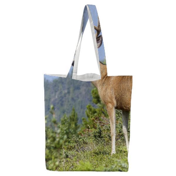 Brown And White Deer On The Green Mountain During Daytime Tote Bag