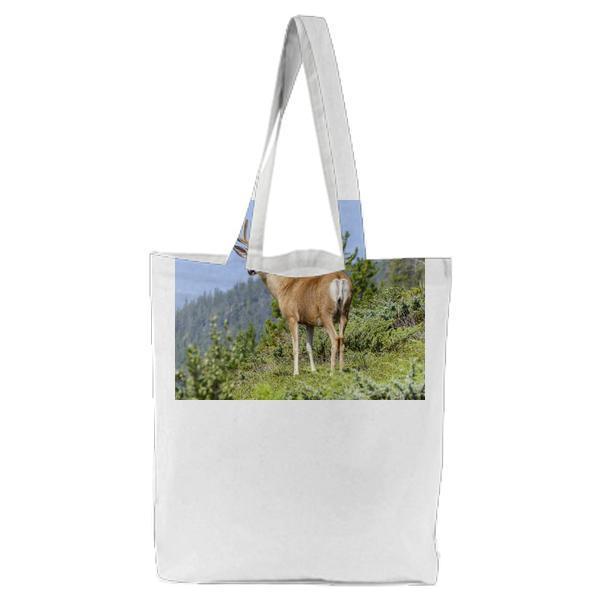 Brown And White Deer On The Green Mountain During Daytime Tote Bag