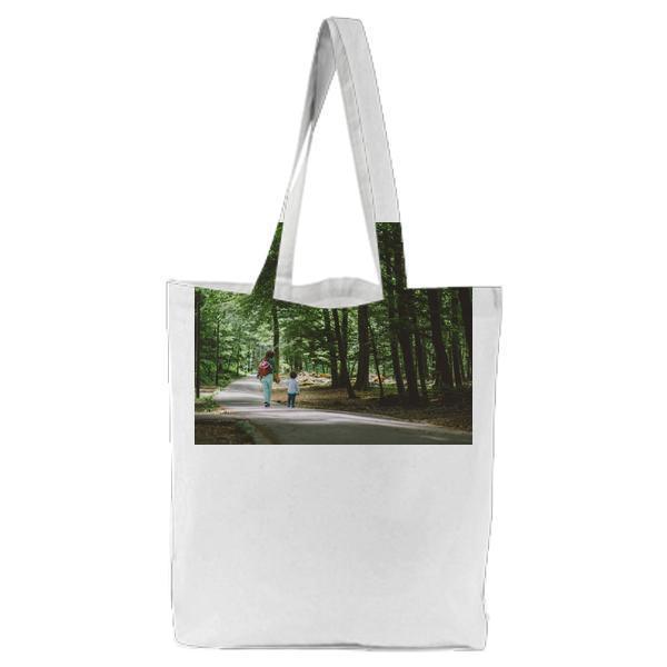 Woman Wearing Green Shirt And Red Bag Holding Children White Long Sleeve Walking Tote Bag