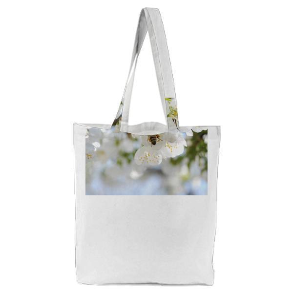 Selective Photo Of A Bee In White Petaled Flower During Daytime Tote Bag
