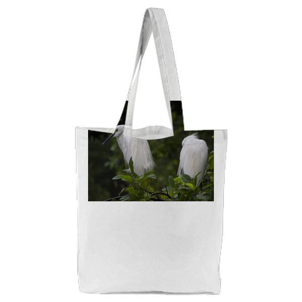 White Feathered Birds Perching On A Tree Tote Bag