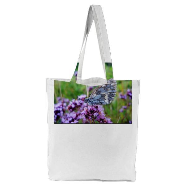 Grey And Blue Butterfly On Purple Flower During Daytime Tote Bag