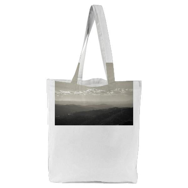 Mountain Range During Daytime Grey Scale Photography Tote Bag