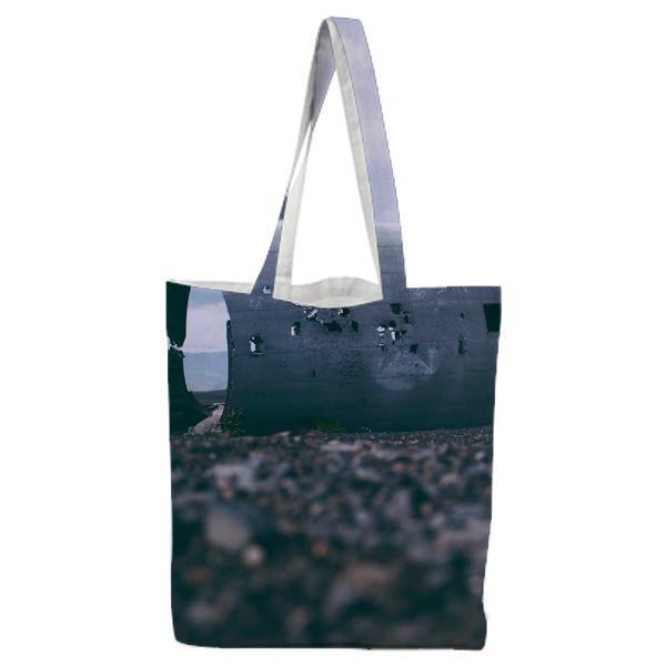 Destroyed Airplane Body On Sea Shore During Daytime Tote Bag
