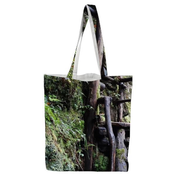 Black Wood Stairs Going To Waterfall During Daytime Tote Bag