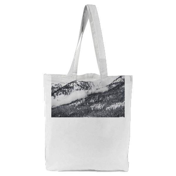 Grayscale Photo Of Snow On Trees At Daytime Tote Bag