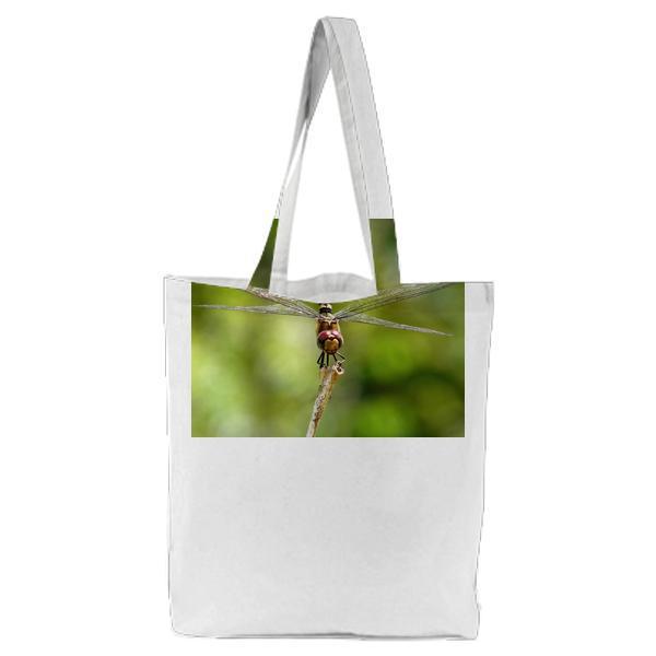 Shallow Focus Photography Of Black And Yellow Dragonfly Parched On Brown Tree Trunk During Daytime Tote Bag