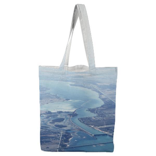 Aerial View Of Large Body Water And Field Tote Bag