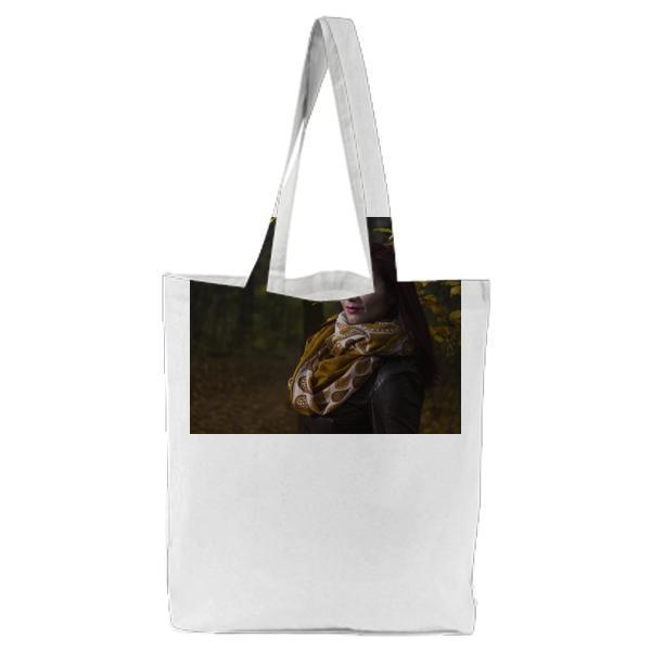 Woman Wearing Brown And White Scarf Surrounded By Trees At Daytime Tote Bag