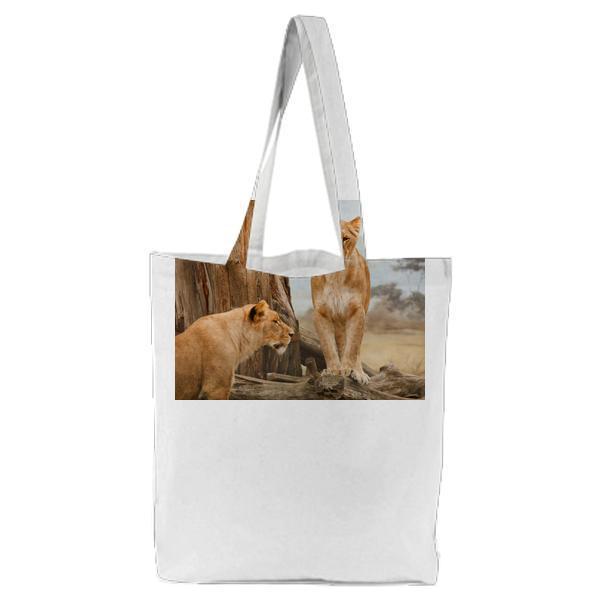 2 Lion On Grass Field During Daytime Tote Bag