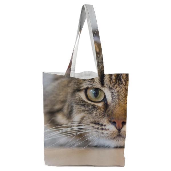 Silver Tabby Cat Lying On Brown Wooden Surface Tote Bag