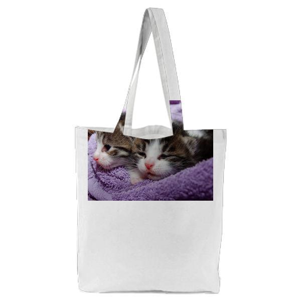 Black Brown And White Kittens In Purple Towel Tote Bag