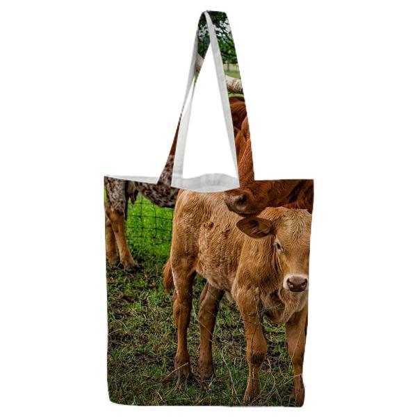 3 Brown Cow On Green Grass Field Tote Bag
