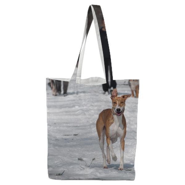 2 Person And Dog Walking In The Snow During Daytime Tote Bag