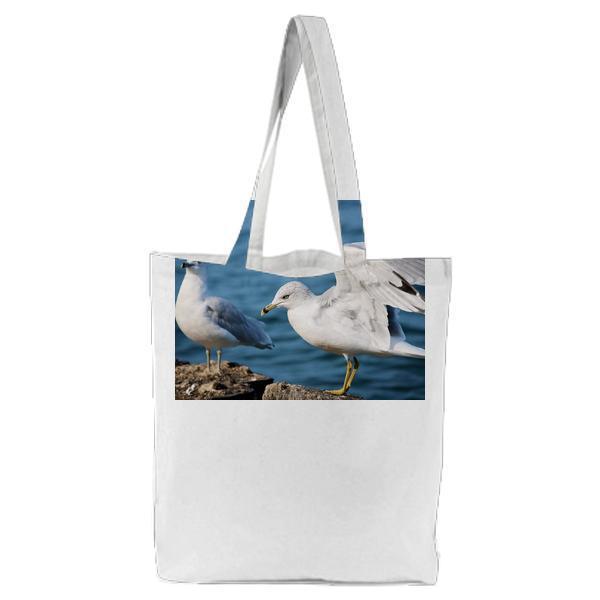 2 White Dove Standing On Brown Rock Near Body Of Water Tote Bag