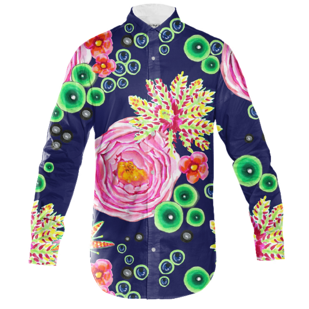 Hand drawn pink rose floral with neon green bubbles on navy