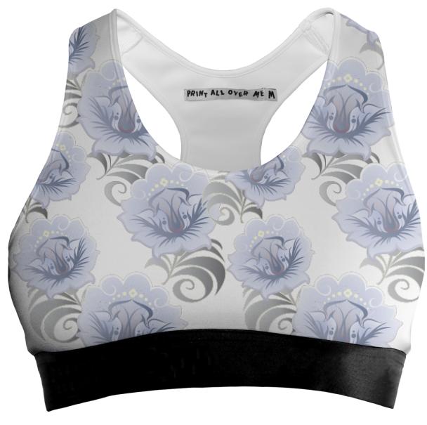 Abstract Blue Silver Large Flowers Sports Bra