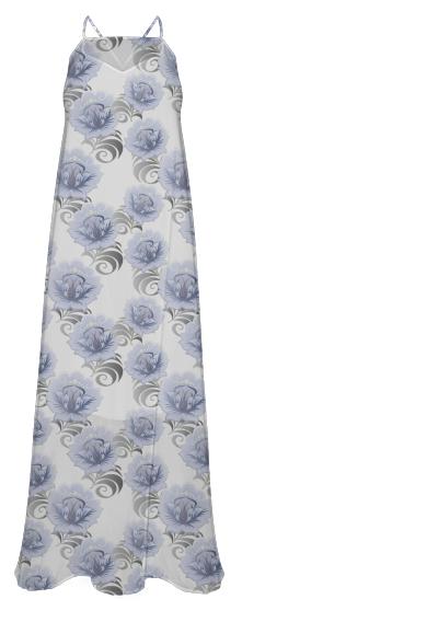 Abstract Blue Silver Large Flowers Long Dress