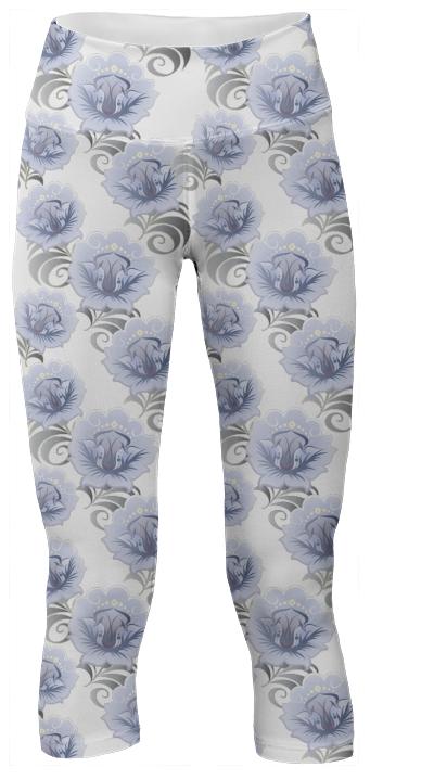 Abstract Blue Silver Large Flowers Yoga Pants