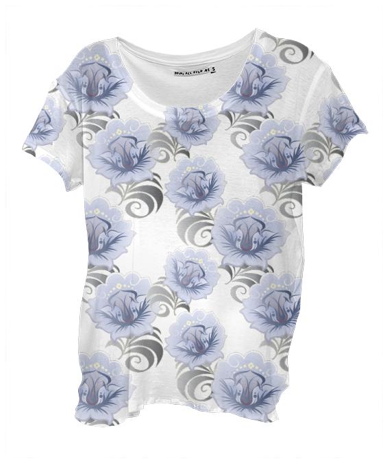 Abstract Blue Silver Large Flowers Drape Shirt