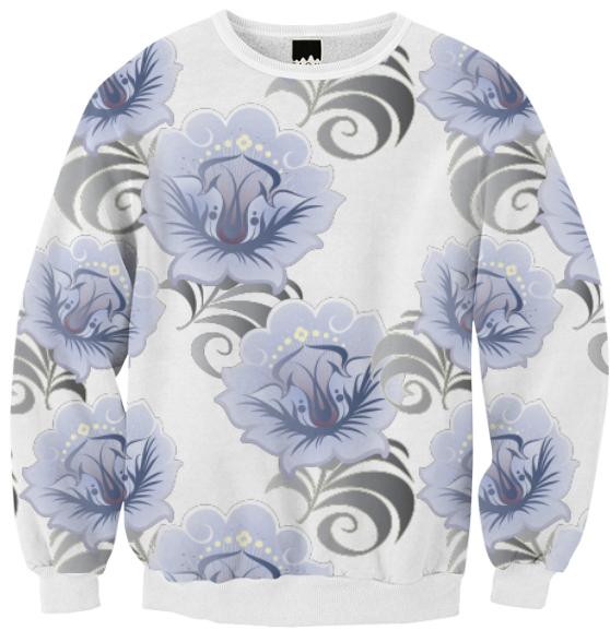 Abstract Blue Silver Large Flowers Ribbed Sweatshirt