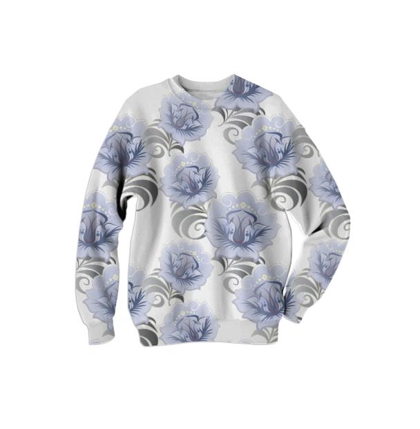 Abstract Blue Silver Large Flowers Sweatshirt