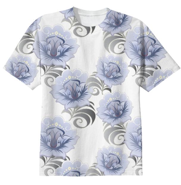 Abstract Blue Silver Large Flowers T shirt