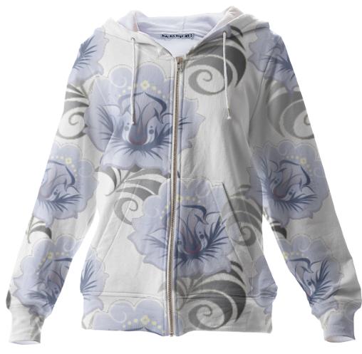 Abstract Blue Silver Large Flowers Zip Up Hoodie